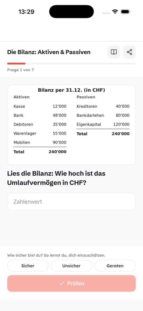 KLUW-App: Frage mit Bilanz-Tabelle und Zahleneingabe